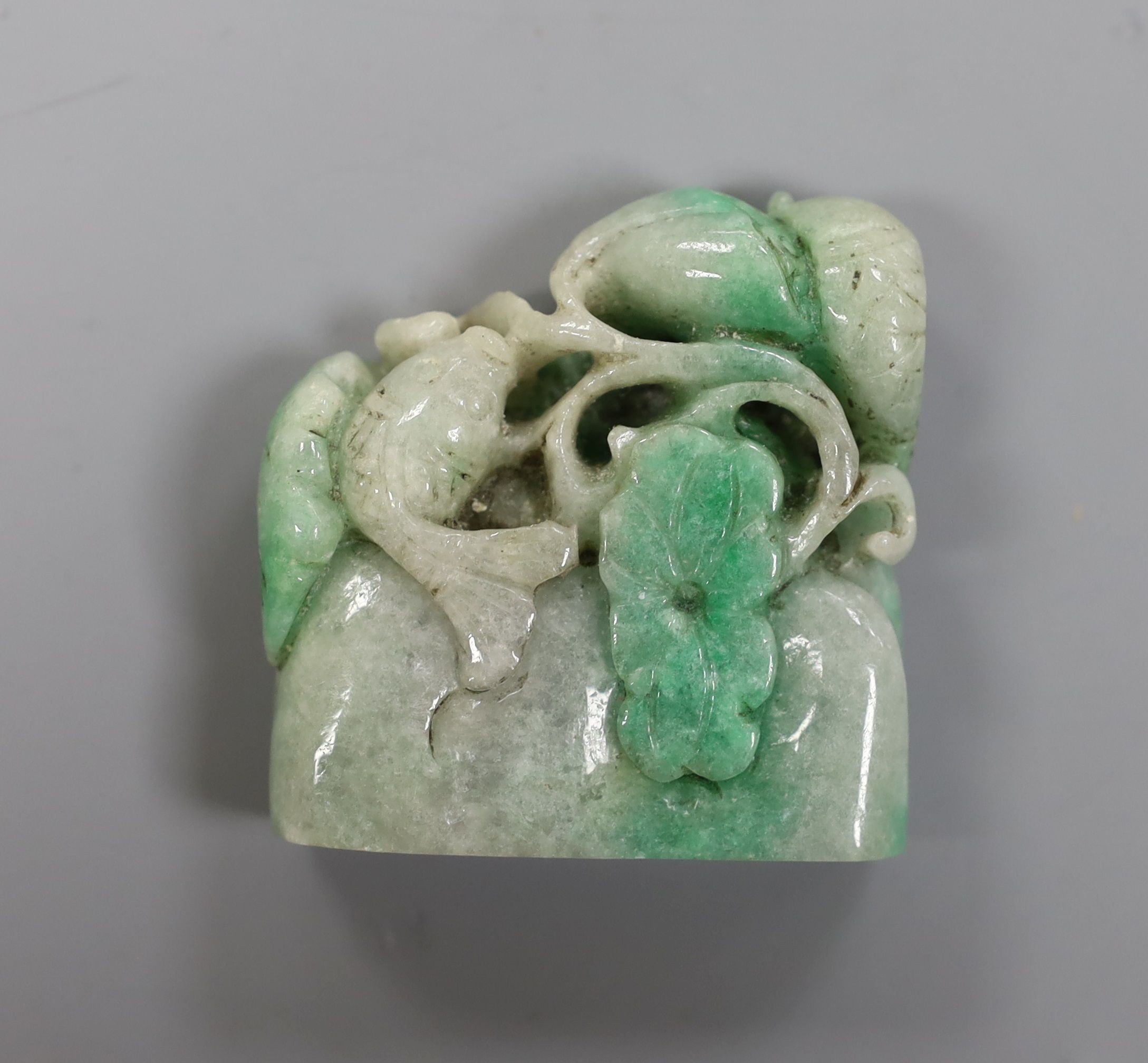 A Chinese jadeite fish and lotus carving 5.5cm